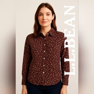 LL Bean Red Maroon Floral Wrinkle Free Long Sleeve Shirt Womens Cottage(#848)